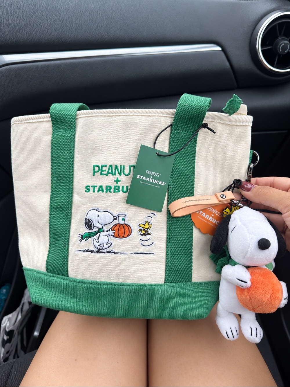Starbucks x Peanuts Green & Cream Canvas Tote with Snoopy Charm